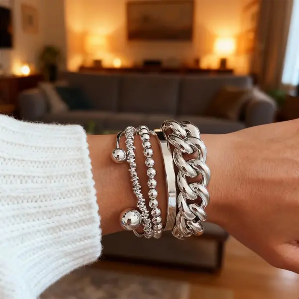 5-Piece Fashion Chain Open Cuff Bracelet Set, Stackable Cuban Link Design, Trendy Unisex Jewelry Accessories for Women & Men, Stylish Daily Clothing Decor, Modern Fashion Bracelets