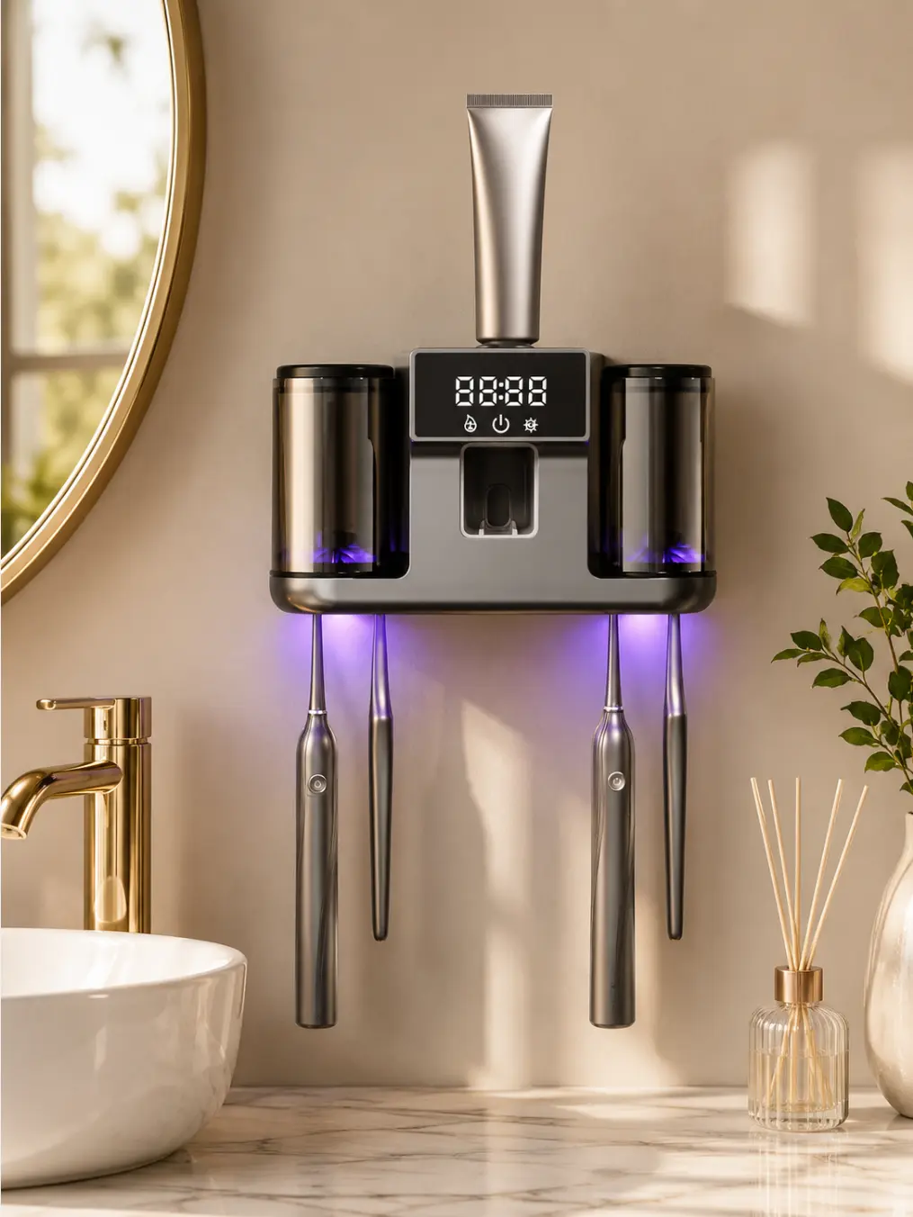 Wall Mounted UV Toothbrush Sanitizer & Automatic Toothpaste Dispenser, No Drill Electric Toothbrush Holder with LED Display, Bathroom Organizer for 4 Brushes, Family Toothbrush Sterilizer