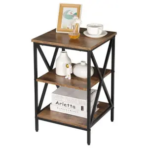 ZENSTYLE 3-Tier Side Table X Design End Table Metal Frame W/Storage Shelves Rustic Brown
