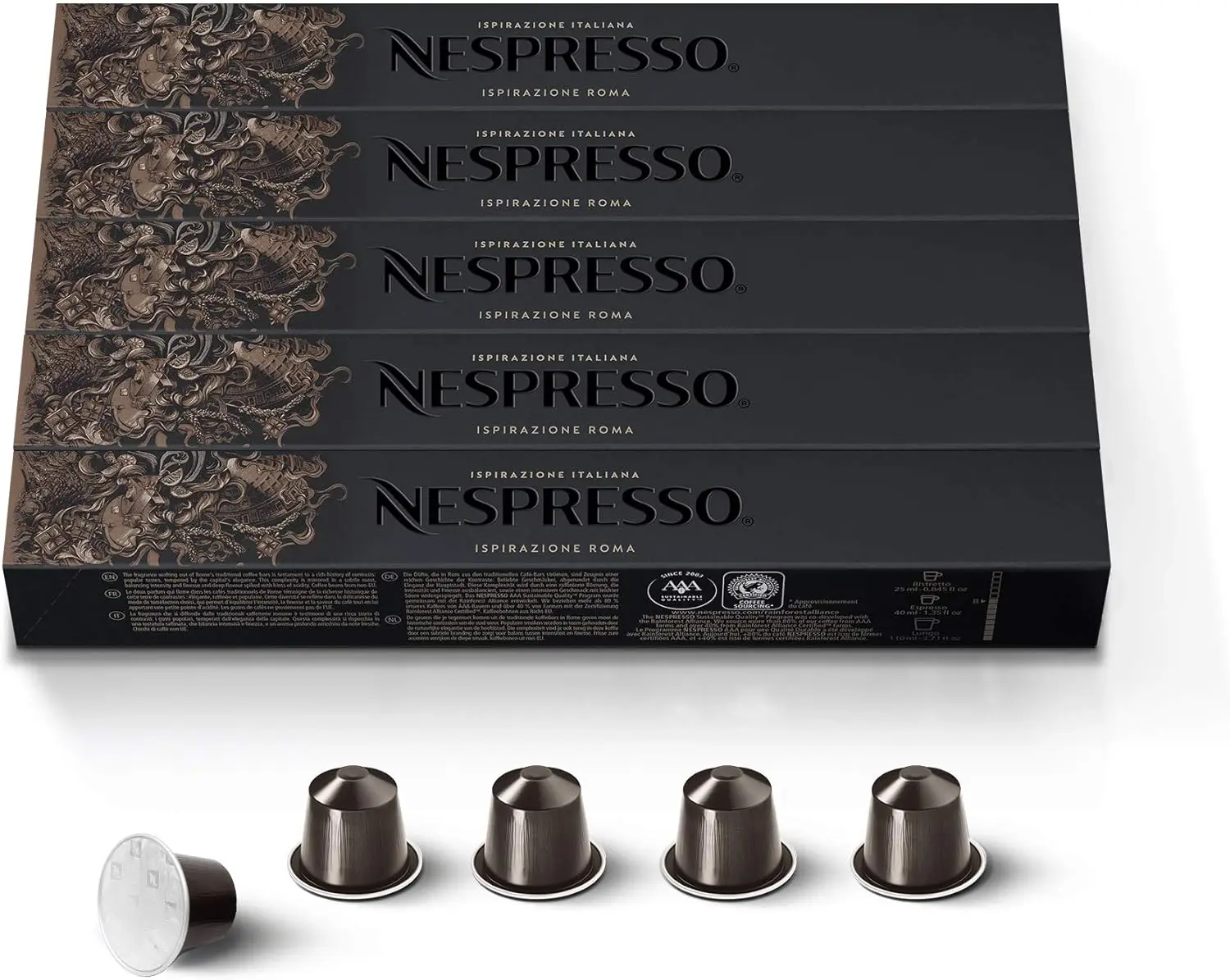 NESPRESSO Original Line Roma Intenso Medium Roast Espresso Capsules - 50-Count, Aluminum-Free, Low Calorie, Healthier Choice, Cupboard-Storage Compatible Coffee Pods for All Ages