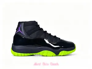 Eye-Catching Two-Tone High Top Retro Basketball Sneakers Black Neon Green Dual Tone Patchwork Gloss Patent Leather & Breathable Knit Fabric Upper For Neon Colorblock Streetwear & Retro Sport Daily Outfits