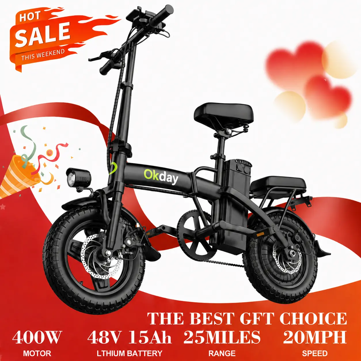 Okday K1 700W Peak Power High-Performance Adult Electric Bike, 25MPH Max Speed, Foldable Portable 14" All-Terrain Tires, Dual Brakes, Carbon Steel Frame, Smooth Stable Ride, Dual Seats, Compact Powerful Lifestyle Foldable Electric Bike city commute