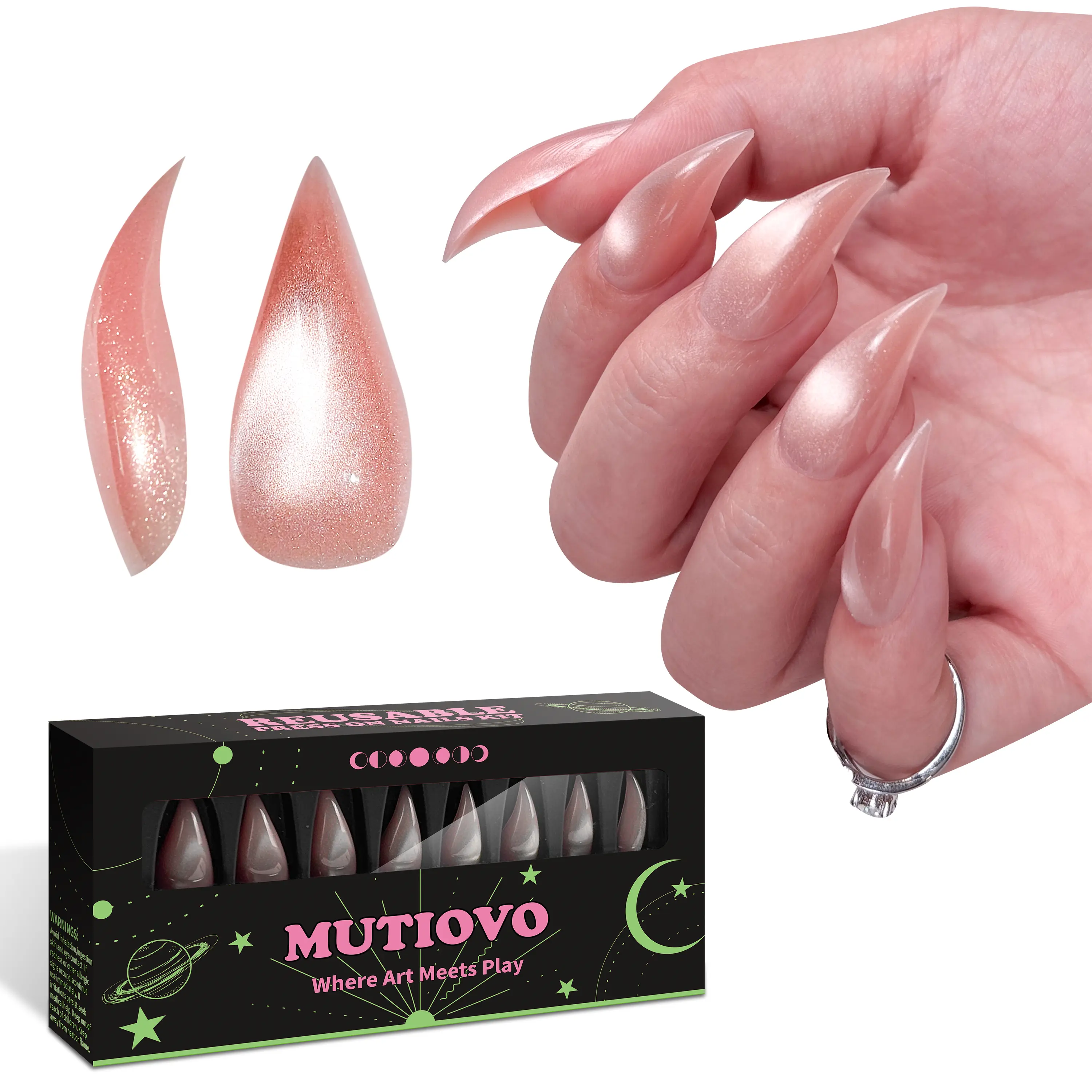 Reusable Press on Nails Cat Claw Pink Cat Eye