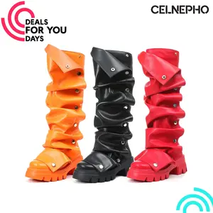 CELNEPHO Knee High Boots for Women Round Toe Fashion Fold Over Slouchy Boot Chunky Platform Heel Detachable Snap Off Panel Metallic Button Comfy Easy Pull on Outings Streetwear Events Work Casual Wear Gift Party Combat Dressy Shoes Deals For You Days