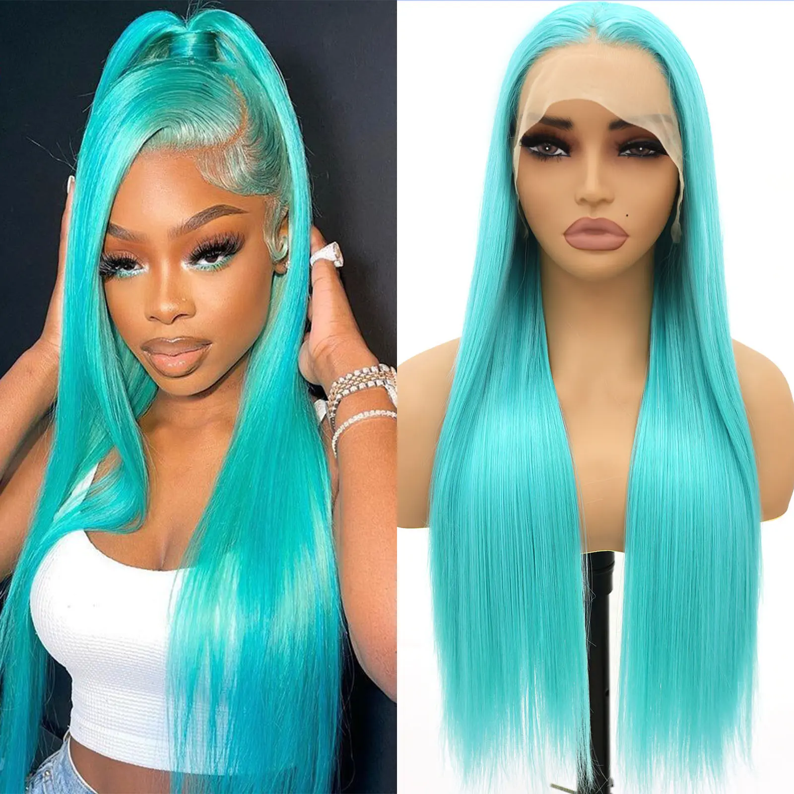 KINCY 13*4 Long Straight Blue Lace Front Wigs Long Straight Lake Blue Heat Resistant Fiber Hair For Women For Christmas Halloween 26 Inch