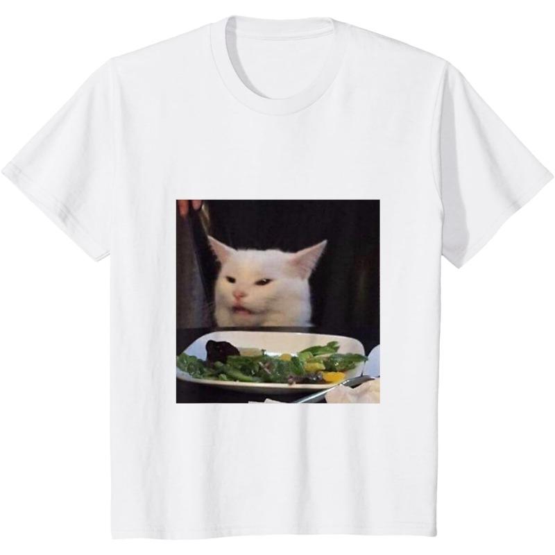 Smudge The Cat at Dinner Table Meme Men's T-Shirt | Confused Cat Salad Meme Funny Viral Internet Meme Tee