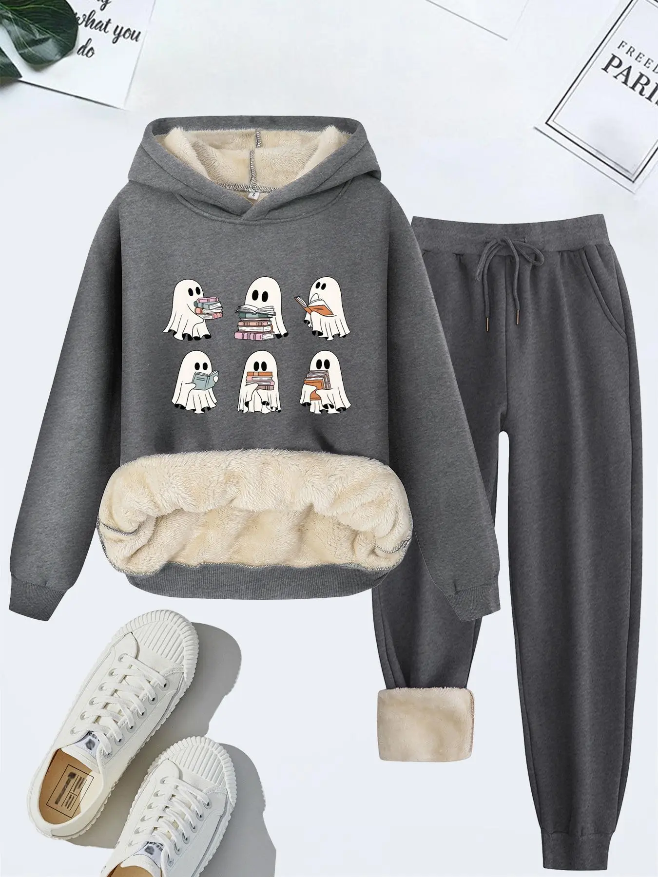 Women's Halloween Cartoon Ghost Print Sweatshirt & Pocket Drawstring Waist Pants Thermal Lined Two-piece Set, Lounge Matching Set, Casual Long Sleeve Hooded Pullover & Pocket Trousers for Fall & Winter, Women's Clothes for Daily Wear