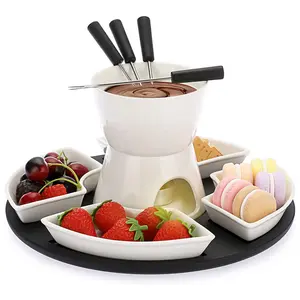 Fondue Set With Ceramic Pot & Wood Tray, Premium Tea Light Wax Warmer For Cheese, Chocolate, Caramel, Includes 4 Forks & 4 Mini Plates, Complete Melting Pot Collection