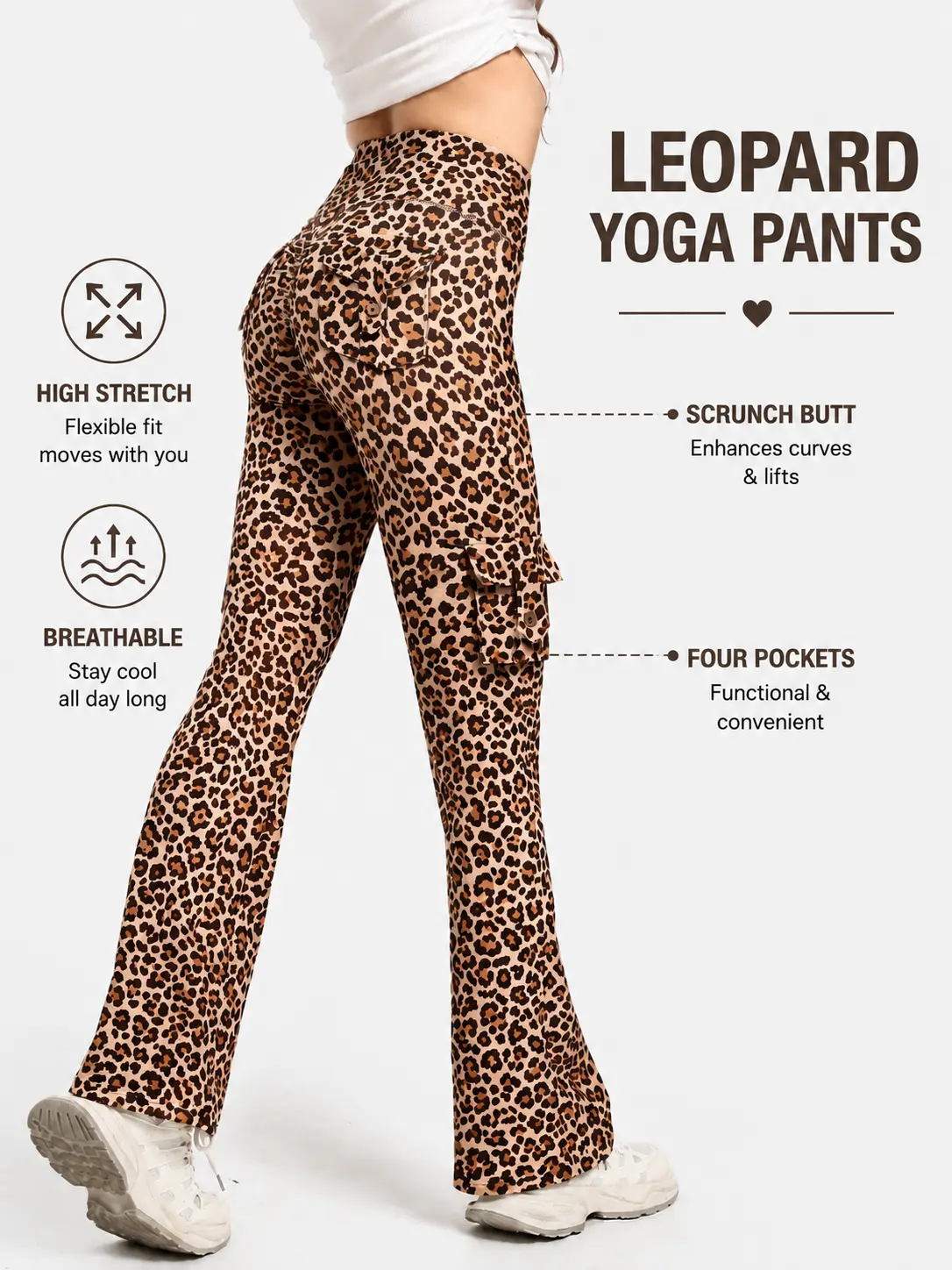 Leopard Print Flared Cargo Leggings for Women, Sporty Chic High Waisted Style with Pockets, Scrunch Butt Lift & Spandex for Yoga, Polyester Blend, Flared Pants, Bold Print Leggings, High-Rise Leggings