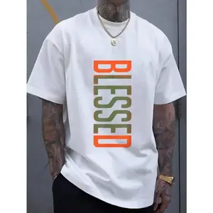 Classic Comfort: 100% Cotton Men's Tee Men's Plus Size BLESSED 3D Printed T-Shirt - Bold Geometric Lettering, Breathable Comfort Fit, Machine Washable Casual ShortFashion 	   Unisex T-shirts M-3XL2ZX