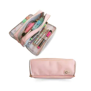 Channie's School Large Capacity Pencil Pouch Pink- 3 Compartment Pencil Case