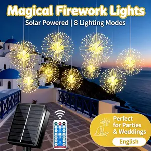 4-in-1 Solar Hanging Firework Lights Outdoor - Waterproof Dandelion Starburst Fairy Lights, 4 Pack Connected, Warm White Decorative Lights for Garden, Patio, Wedding, Tree (1-Pack)