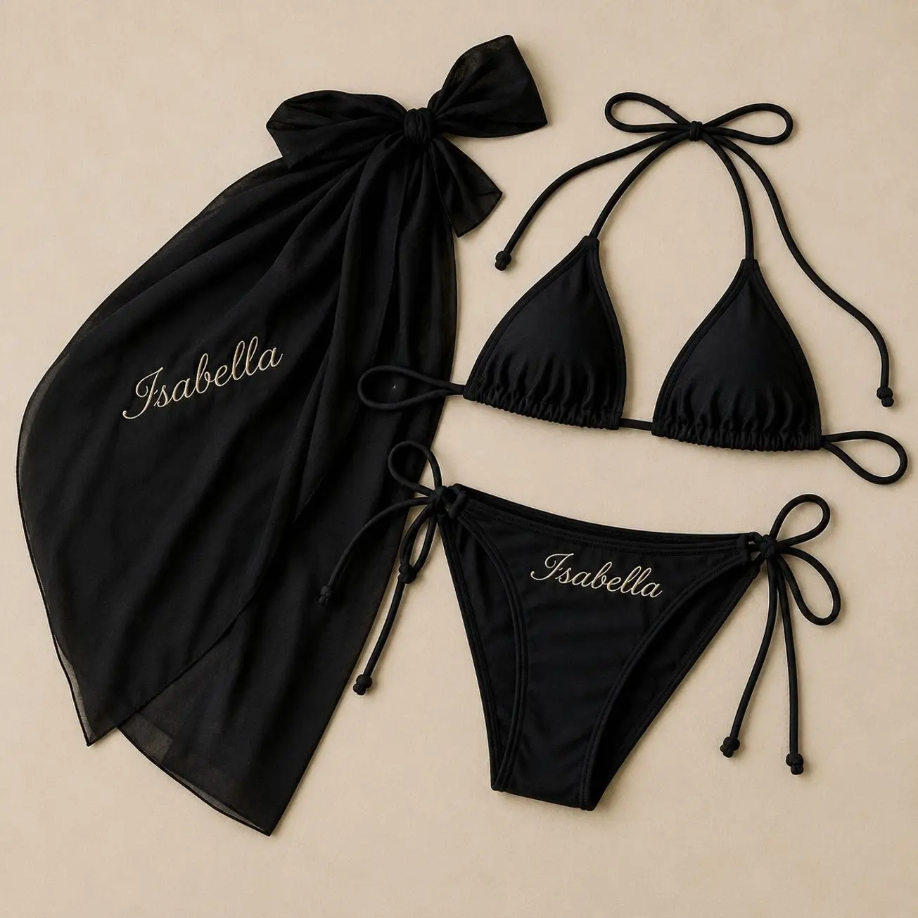 Personalized Bridal Bikini Set and Sarong Cover Up, Custom Name Embroidered Swimsuit for Bride to Be