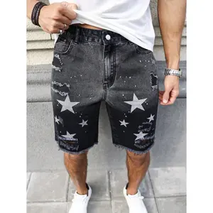 （ Five-star review）Men's Star Print Distressed Denim Shorts Graphic Denim Jorts Baggy Star Party Dark Grey Denim Shorts, For Husband, Boyfriend Gifts