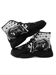 Men's Fashion Colorblock Snake & Star Print Lace Up Mid Top Sneakers, Casual Comfortable Breathable Sports Shoes, Male All-match Round Toe Shoes for Daily Wear