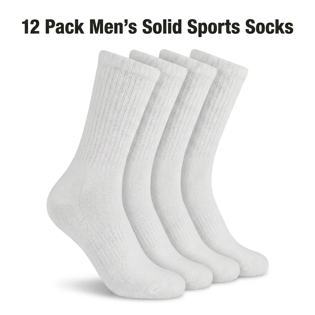 12 Pairs Men's Solid Cotton Crew Socks - Cushioned Athletic Work & Sports Socks (Sizes 9-11 & 10-13)
