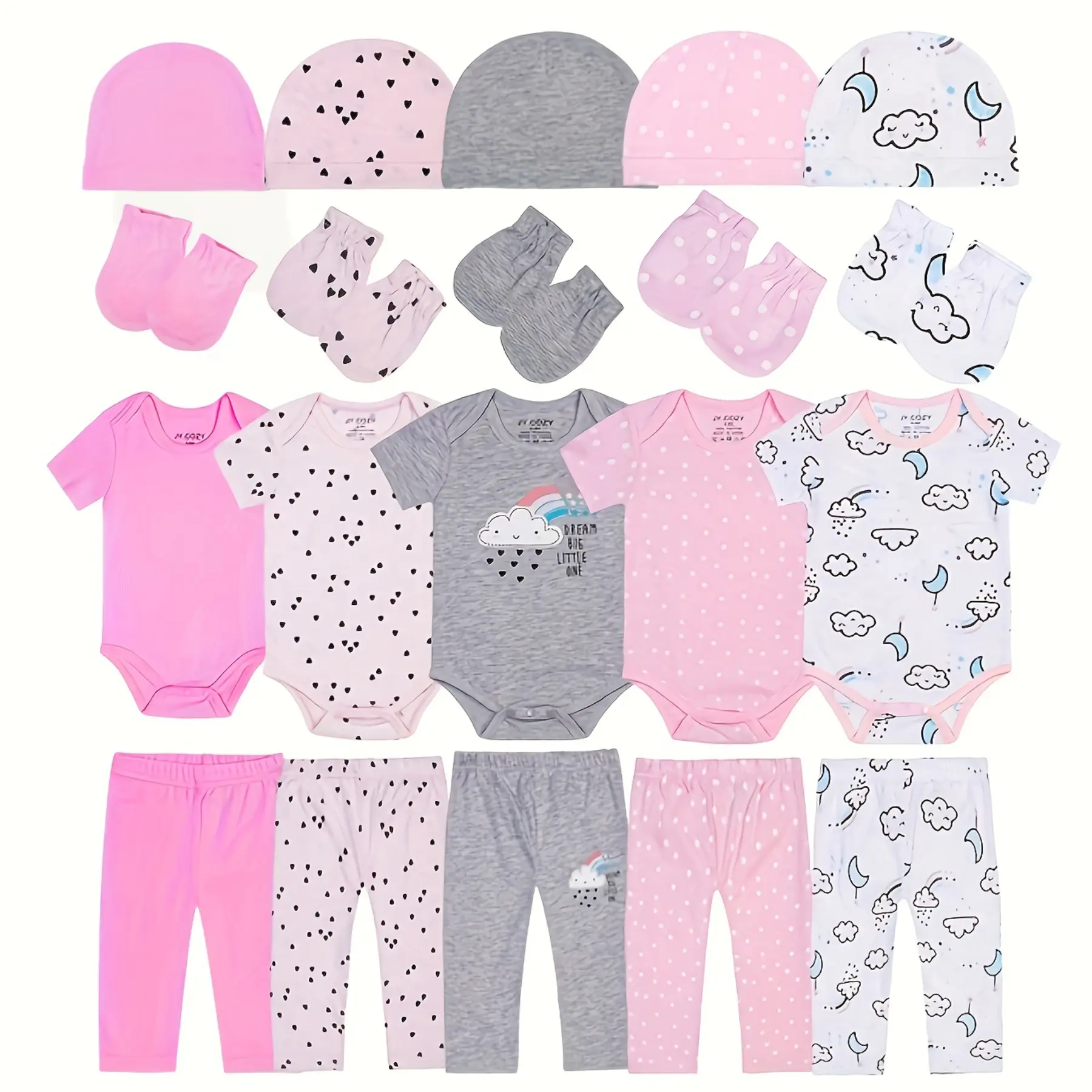 JY.COZY FOR BABY Onesie Girl Pink and Grey Cotton Bodysuits Sets 20 Pieces have 5 Short-Sleeve Ropmers 5 Pants 5 Hats 5 Socks Casual Pajama New Born Clothes Comfort Infant Outfit Essentials
