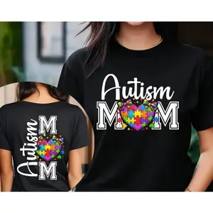 Unisex Autism Mom T-Shirt Puzzle Heart Graphic Autism Awareness Tee Oversized Loose Crewneck Short Sleeve Cotton Support Top for Autistic Families, Neurodiversity Advocacy, Daily Wear for Women Men