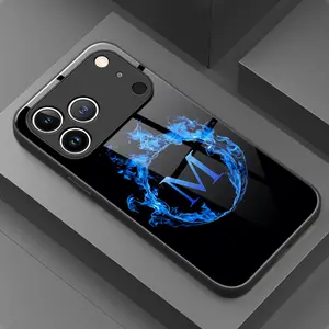 Flame Round Letter M Design Tempered Glass Phone Case - Multi-Model, Fits iPhone 17, 16, 15, 14, 13, 12, 11, Plus, Pro Max
