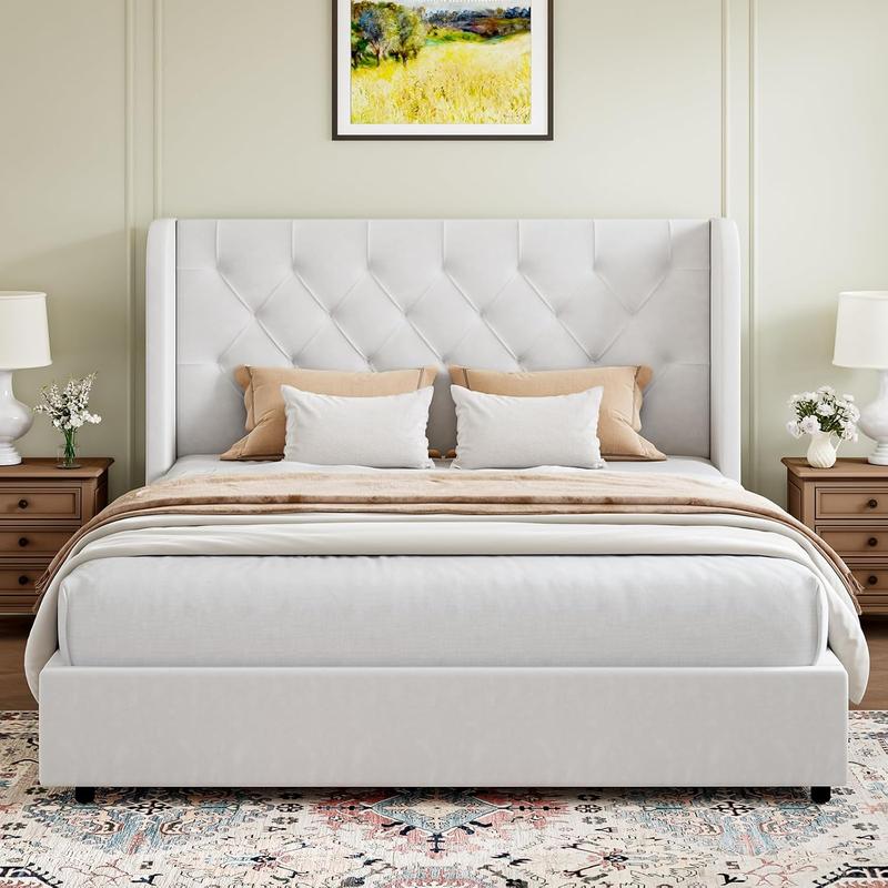 HOMBCK Bed Frame, No mattress, Soft Curved Wings Velvet Headboard, Sturdy Wooden Slats Support, No Box Spring Required, Noise Free, Easy Assembly HOMBCK Bed Frame, No mattress, Soft Curved Wings Velvet Headboard, Sturdy Wooden Slats Support, No Box Spring Required, Noise Free, Easy Assembly