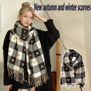 Plaid & Heart Pattern Tassel Decor Scarf, Elegant Soft Warm Thick Shawl for Women & Men, Fashion Accessories for Fall & Winter, Double Sided Scarf