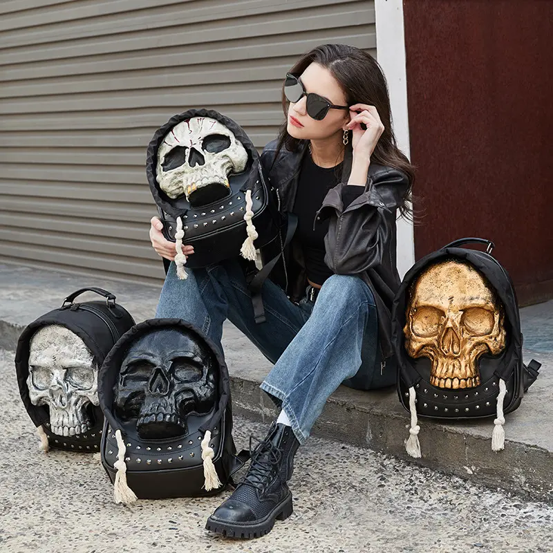 3D Skull Backpack, Halloween Gift, Gothic Rivet Decor Hooded Rucksack, Spooky Skeleton Head Shoulder Bag, Punk Style Large Capacity Daypack, Halloween Cosplay & Streetwear Backpack