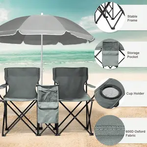 Folding Loveseat Beach Chair with Canopy Shade CupHolder Beverage Rack Backpack Portable Outdoor DoubleChair for Two comfortable camping