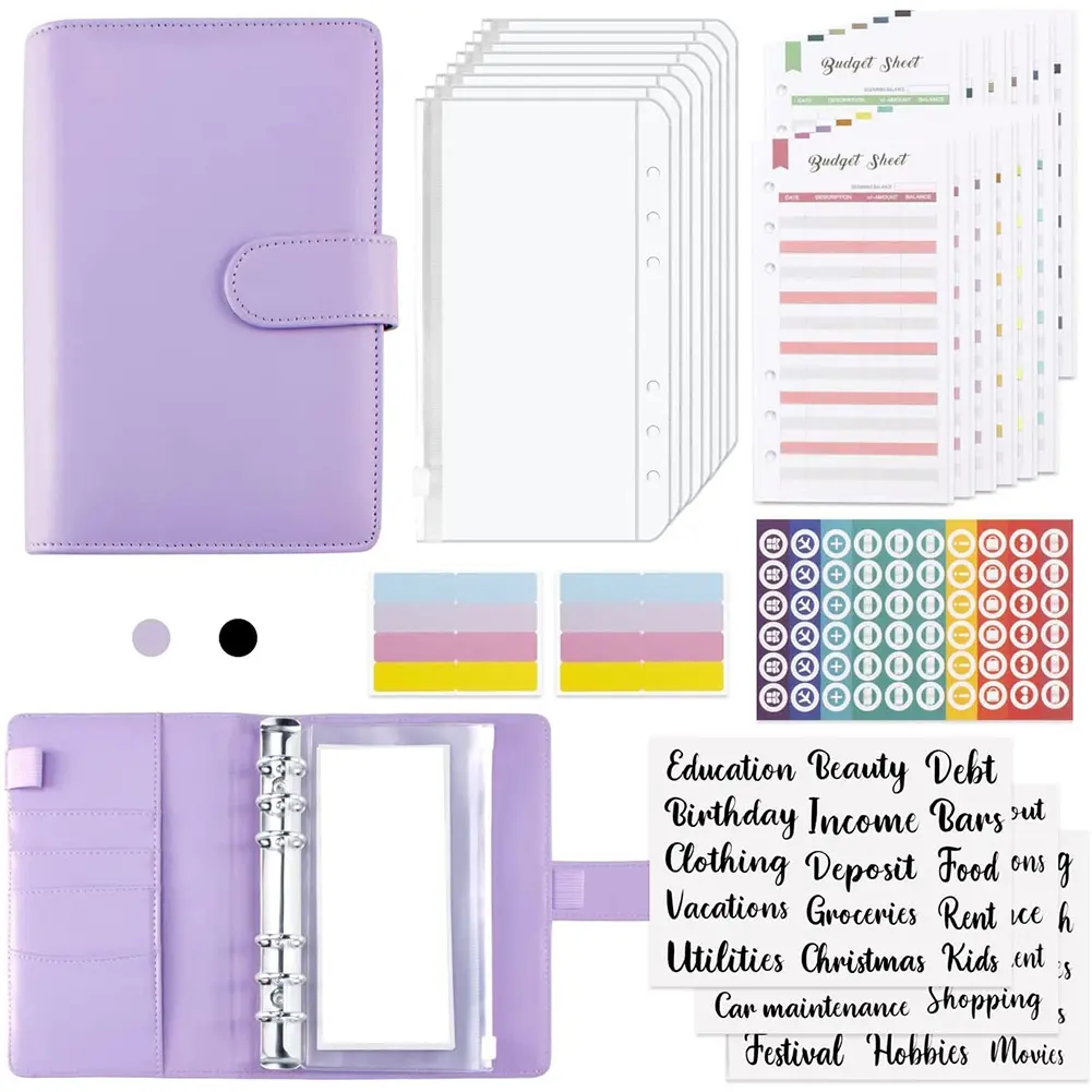 Purple A6 PU Leather Budget Binder, Money Organizer with 8 Waterproof Zipper Cash Envelopes & 12 Expense Sheets, Refillable Savings Planner for Home, School & Travel