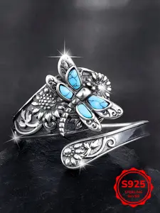 Vintage Bohemian Adjustable Bracelet Ring, S925 Sterling Silver, Turquoise Inlay, Dragonfly Design with Sunflower Details, Ideal Gift, Statement Rings
