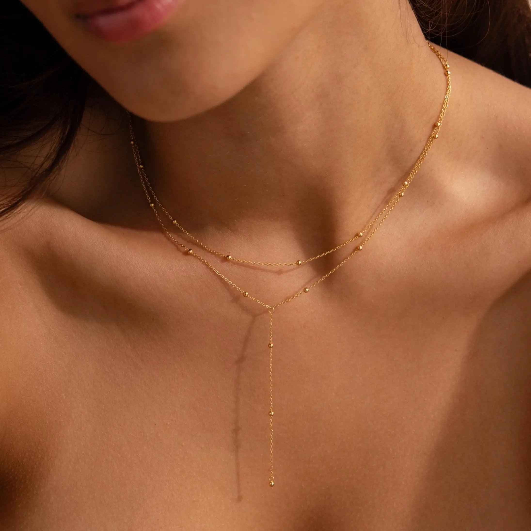 Duo Satellite Lariat Necklace by Caitlyn Minimalist - Dainty Beaded Layered Y Necklace - Summer Jewelry - Bridal Shower Gift - Gift for Her