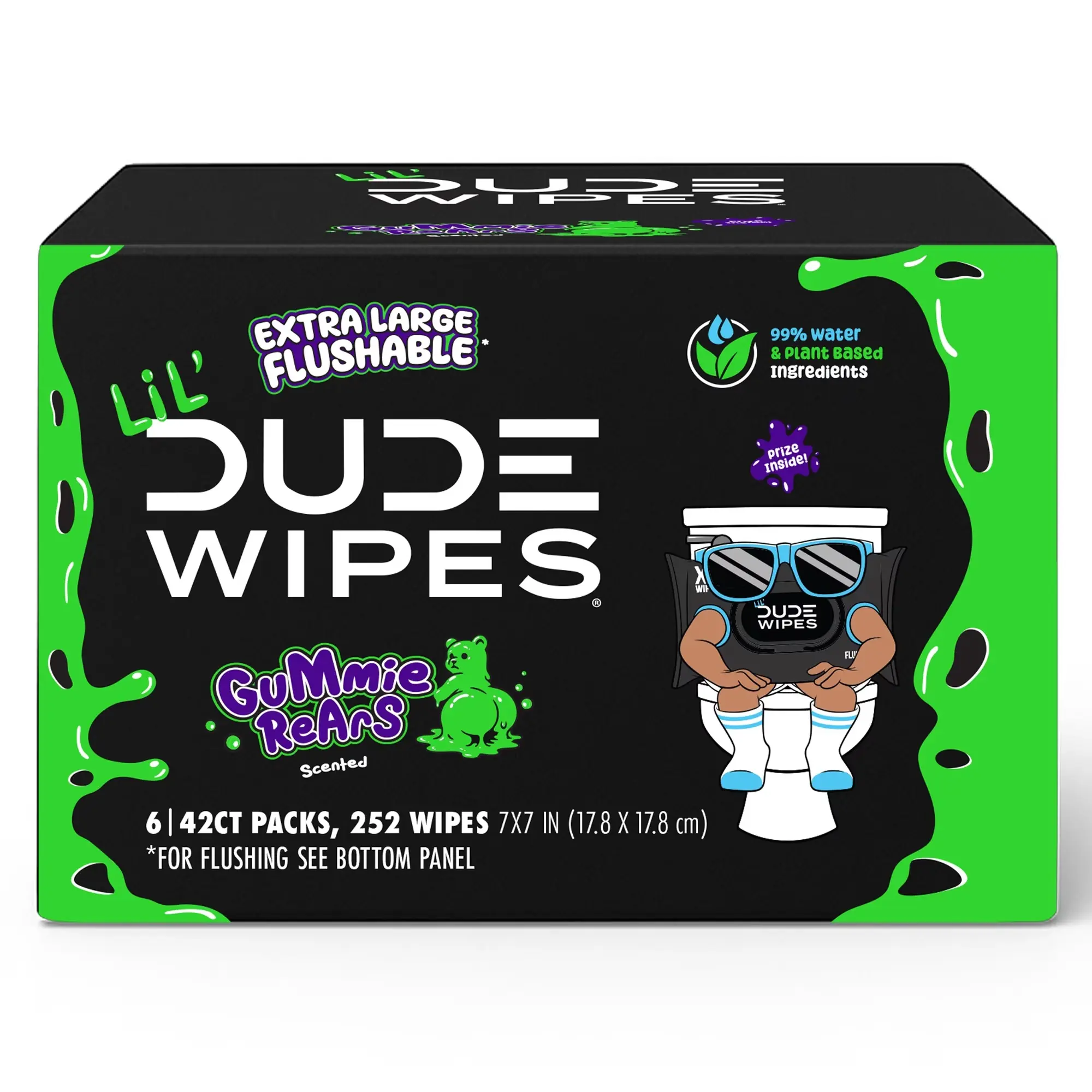 LiL' DUDE Flushable Wipes, Extra Large Gummie Rears Wet Wipes, Gummy Bear Scent, 42 Count, 6 Pack Toilet Scented