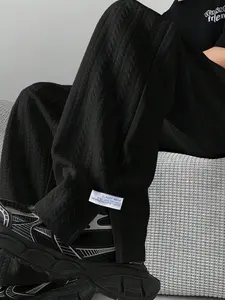 Men's Casual Minimalist Letter Print Sweatpants, Split Hem Design, Textured Jacquard Fabric, Drawstring Waist Comfort Fit