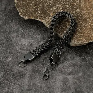 Vintage Oxidized Black Double Curb Chain Bracelets for Men Stainless Steel Punk Antique Cubic Foxtail Chain Male Pulseira