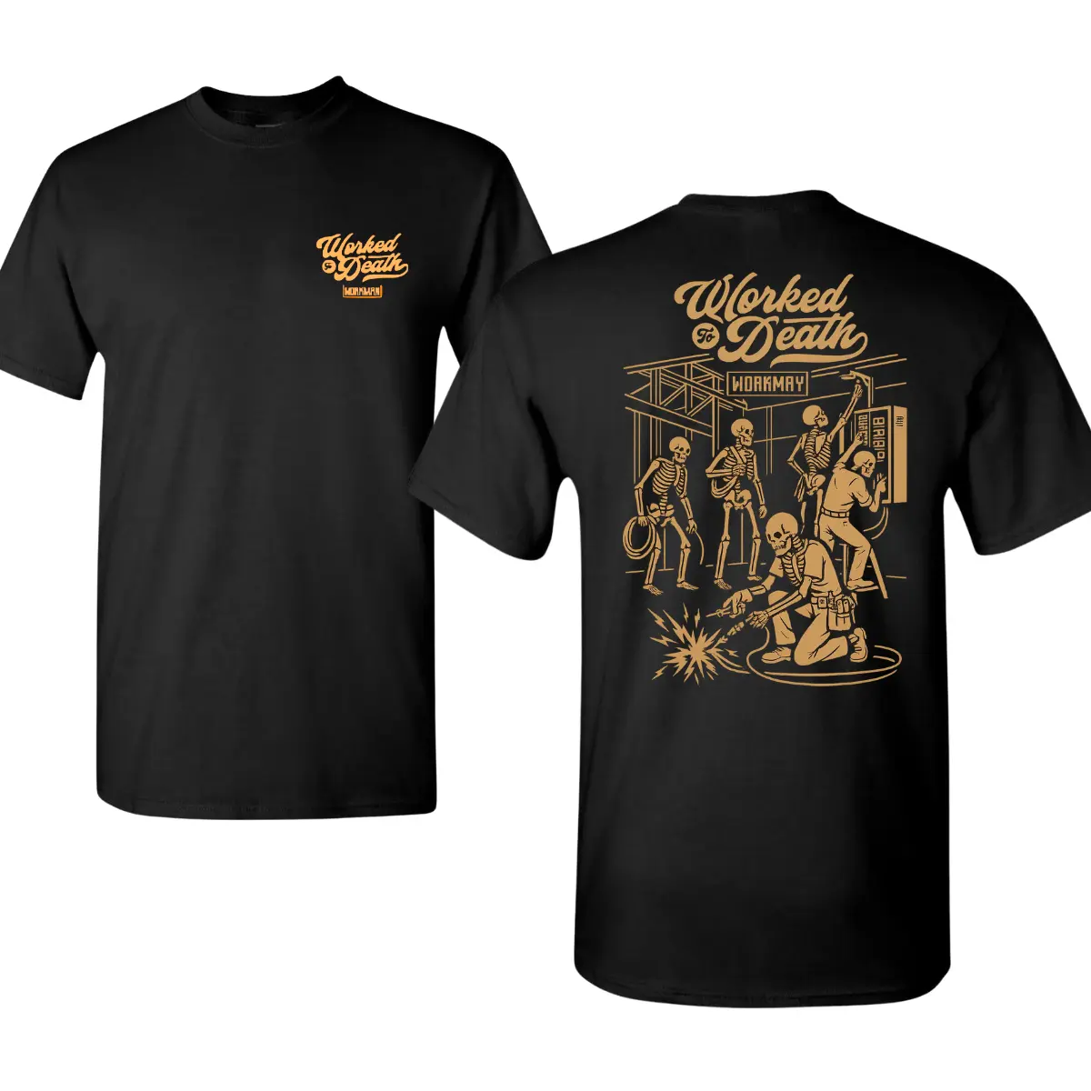 Worked to Death Workman Shirt with Welding Skeleton Crew Graphic, 2 Sides Vintage Tan Ink Tee, Soft Cotton Blend Shirt, Blue Collar Workwear Gift for Welders and Tradesmen, Everyday Wear for Men & Women