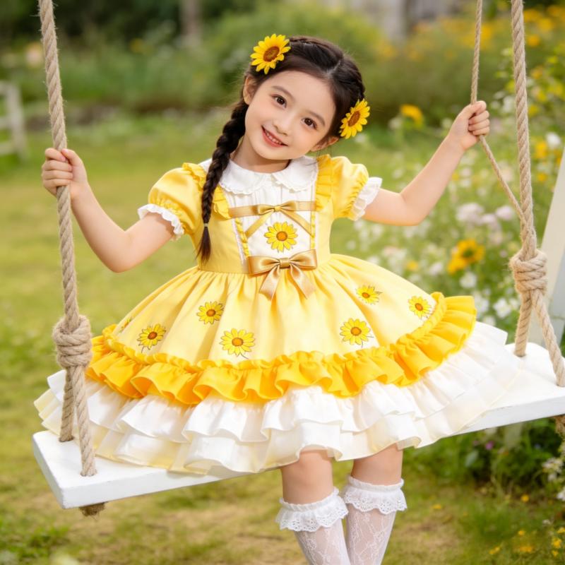 Girls' Sunflower Print Floral Dress - Puff Short Sleeves, Crew Neck, Contrasting Ruffle Edge, Midi-Length Princess Dress for Birthday Parties, Photo Shoots
