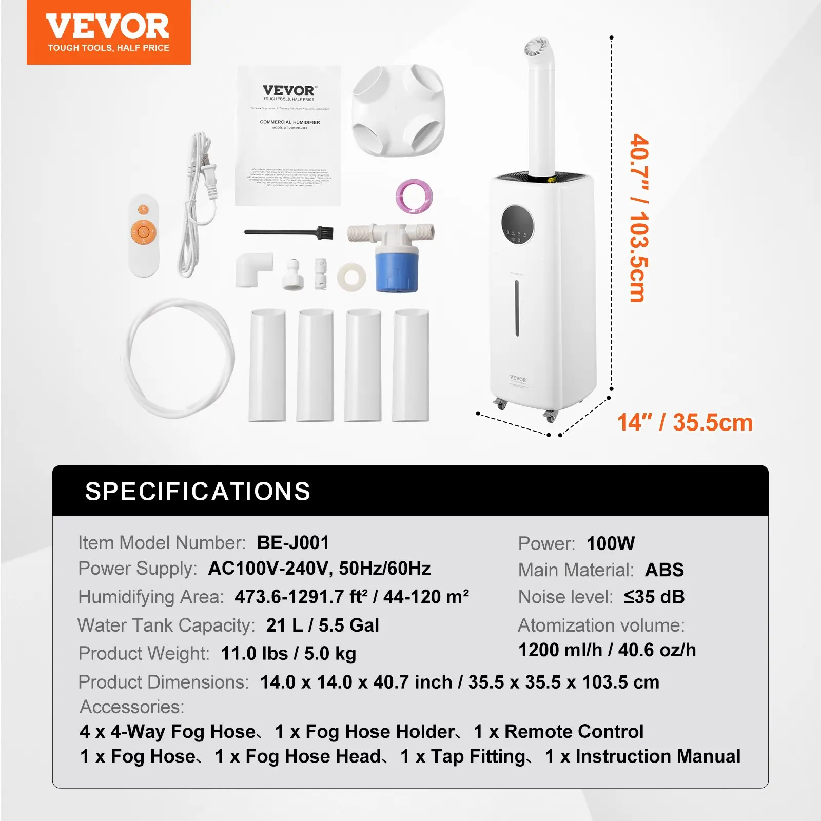 VEVOR Commercial Humidifier, 5.5 Gal/21L 40.6 oz/h Cool Mist Output, Industrial Air Vaporizer for Large Room Up To 1291.7 Sq Ft, Top Refill Humidifier w/ 12-Hour Timer for Whole House, Greenhouse, Plant