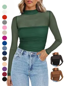 Women's Mesh Sheer Long Sleeve Ruched Top, Sexy Fitted High Neck Design, Fashionable Versatile Layering Piece for Stylish Womenswear