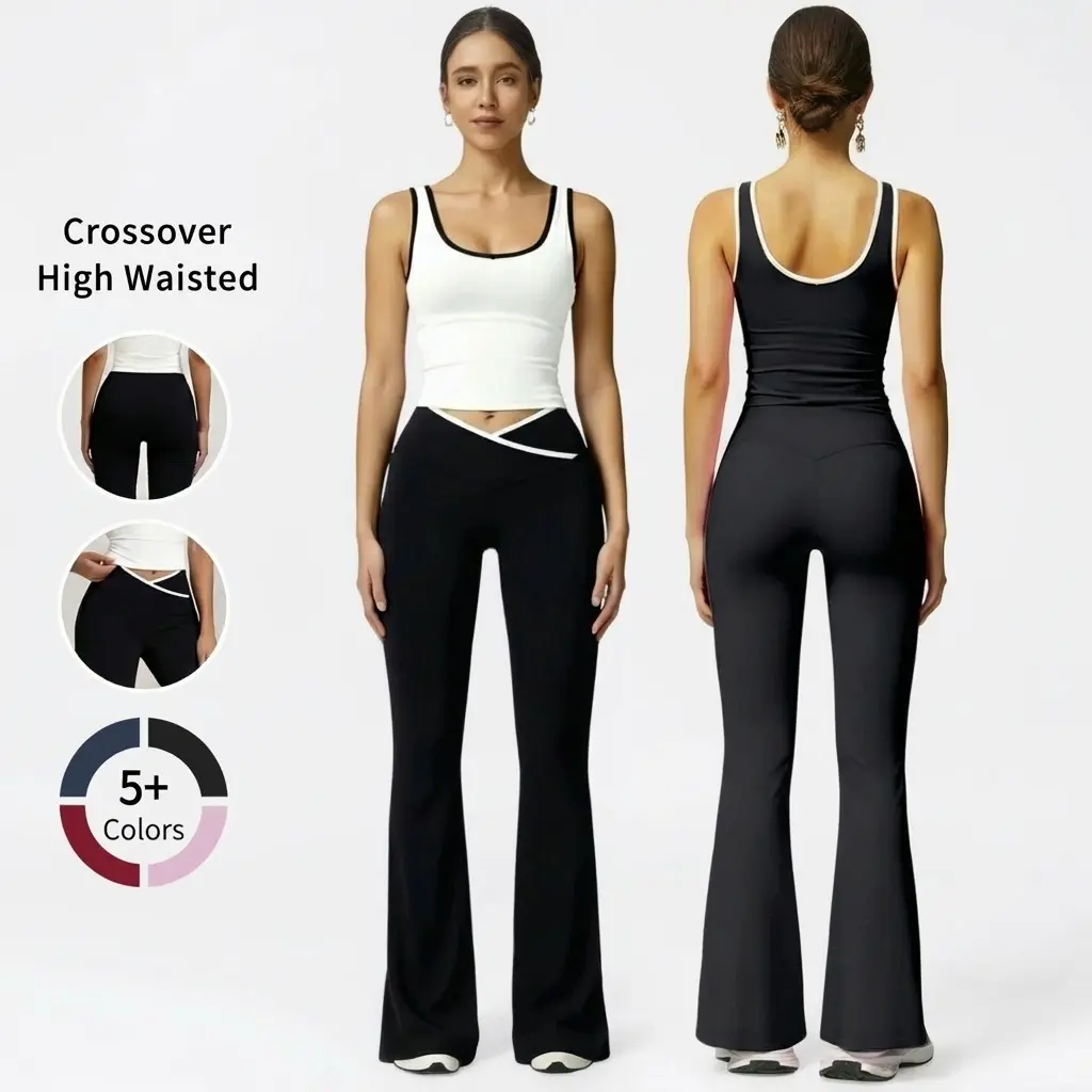 Women's 2-Piece High Waisted Crossover Yoga Set - Sleeveless Tank Top, High Stretch Nylon-Elastane Long Pants, Bootcut Below-the-Knee Leggings, All-Season Workout & Everyday Outfit, Tank Tops, All Seasons, Casual, Hand Wash Only, Workout Sets Women, Femal