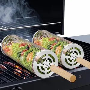 Rolling Grill Baskets 2PCS with Removable Wooden Handles Nesting Design 304 Stainless Steel BBQ Accessories for Vegetables Shrimp Outdoor Camping Kitchen Birthday Gifts for Men Dad Husband - Food