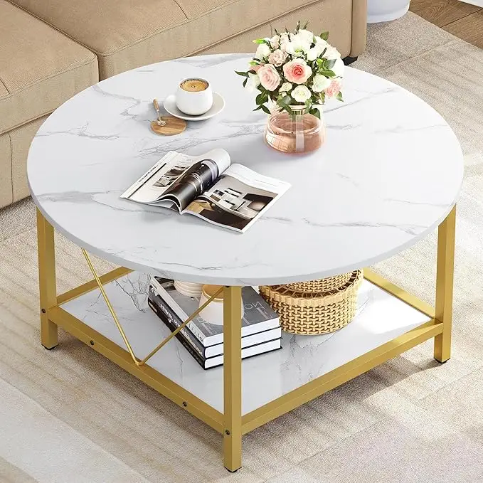 DWVO Round Coffee Table, for Living Room,2 Tier Marble Circle Table with Open Storage Shelf, Rustic Wood Coffee Table with Metal Frame, Easy Assembly