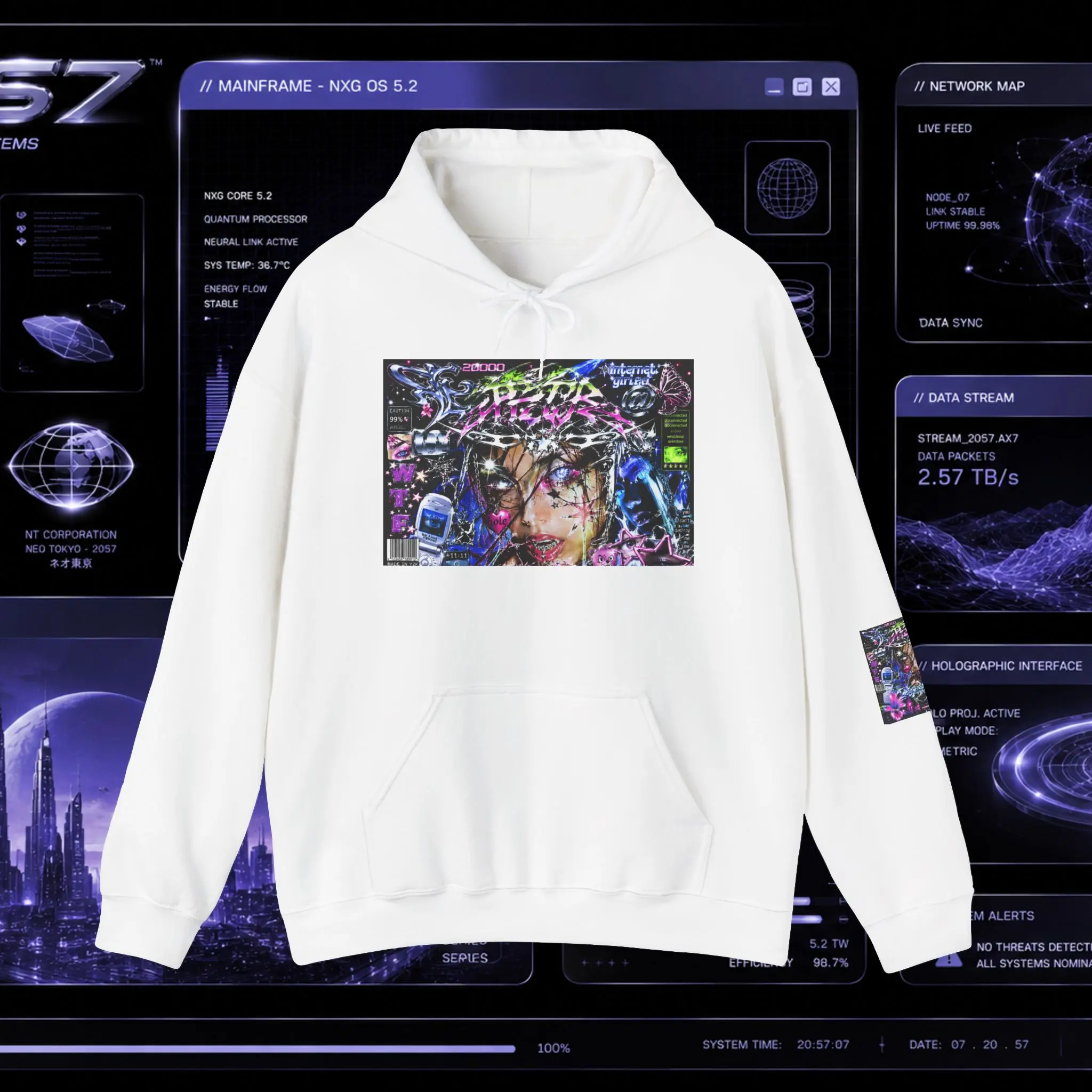 Men's Casual Hoodie - Embroidered Glitch Goddess Glitch Art Decoration, Soft Cotton-Poly Fabric, Ribbed Hem, Ribbed Cuffs, Pocket, Tear-Away Label