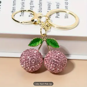 Creative Cute Fruit Cherry Women's Bag Keychain Metal Exquisite Car Key Ring Pendant Red Pink 2pc Sparkling Design