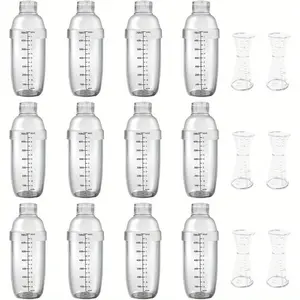 12 Pcs Plastic Cocktail Shaker with Scales and Strainer Top, Clear Drink Mixer Cup with Measurements for Tea, Coffee, Boba, and Milk, with 6 Cocktail Measuring Jiggers(700 Cc/ 24 oz)