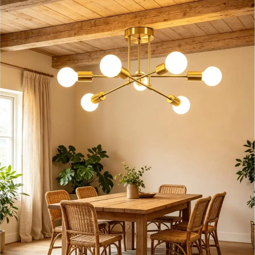 6-Heads Adjustable Iron Metal Cross Molecular Hanging Ceiling Light, Geometric Irregular Design, 6 E26 Sockets, Dimmable, Omnidirectional Illumination, Easy Installation, Indoor Use, Rustic Country Contemporary Decor, No Bulbs Included
