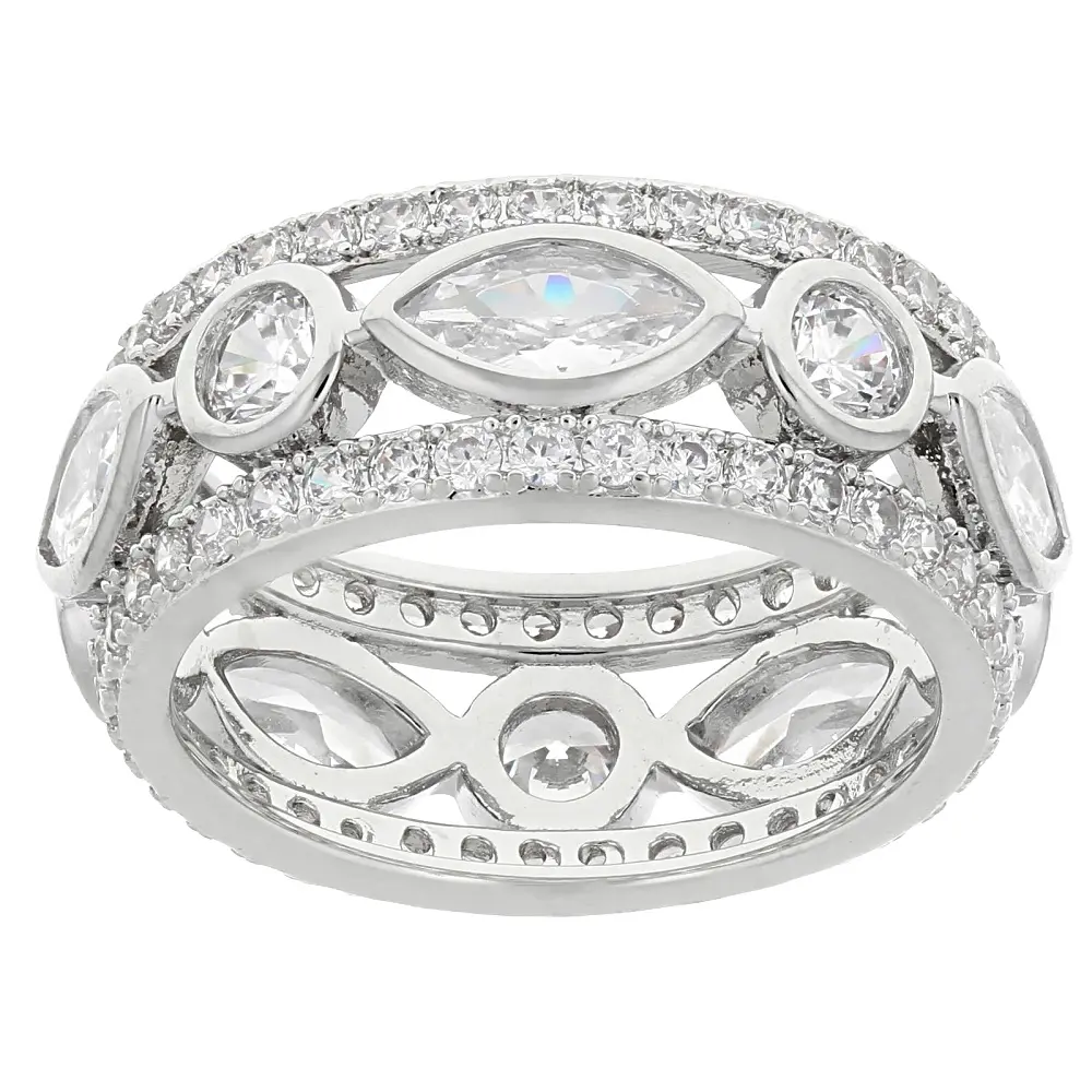 Round & Marquise Cut Single Cubic Zirconia Ring, Rhodium-Plated Unisex Statement Jewelry, 3.23ctw Diamond Simulant, Adults, White Diamond, 0.90"L X 0.32"W