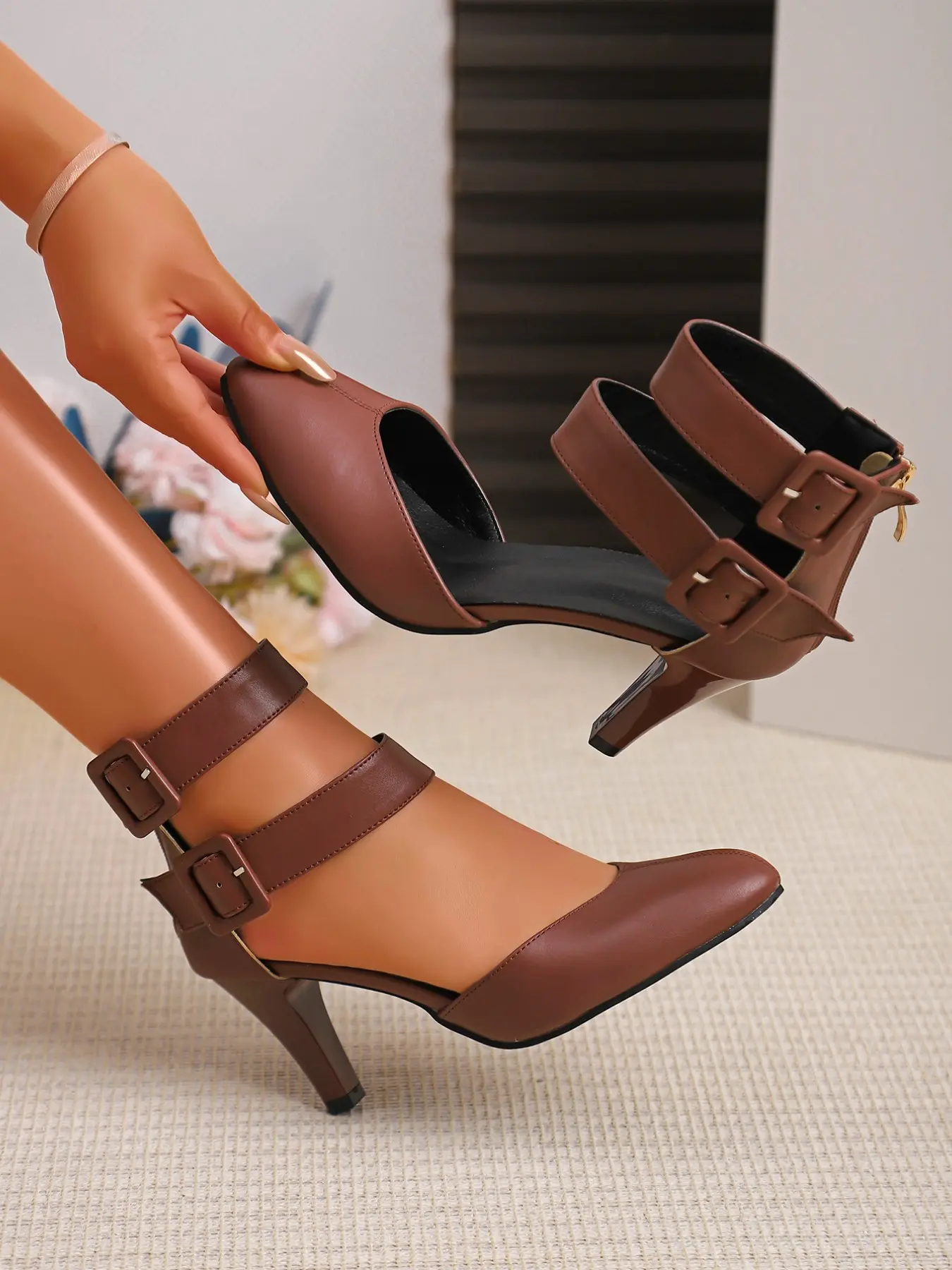 Women's Pointed Toe High Heels Buckle Back Zipper Spring Autumn Elegant Party Dress Shoes Versatile New Arrival Elegant Heeled Sandals Bridal Wedding Footwear Fashionable Party Shoes