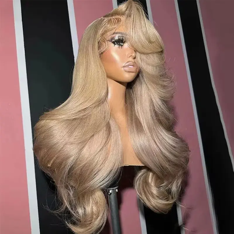 Milk Tea 200% Density Ash Blonde Body Wave Wigs Toned Ombre Blonde Human Hair 13X6 HD Transparent Thin Lace Frontal Wig Glueless Human Hair Wigs With Baby Hair Can Be Restyled