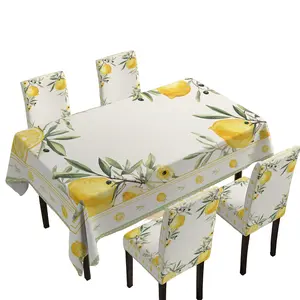 Lemon Floral Dining Tablecloth Set with Stretch Chair Covers 5/7PCS Fresh Lemon Table Decor Stretch Chair Slipcovers