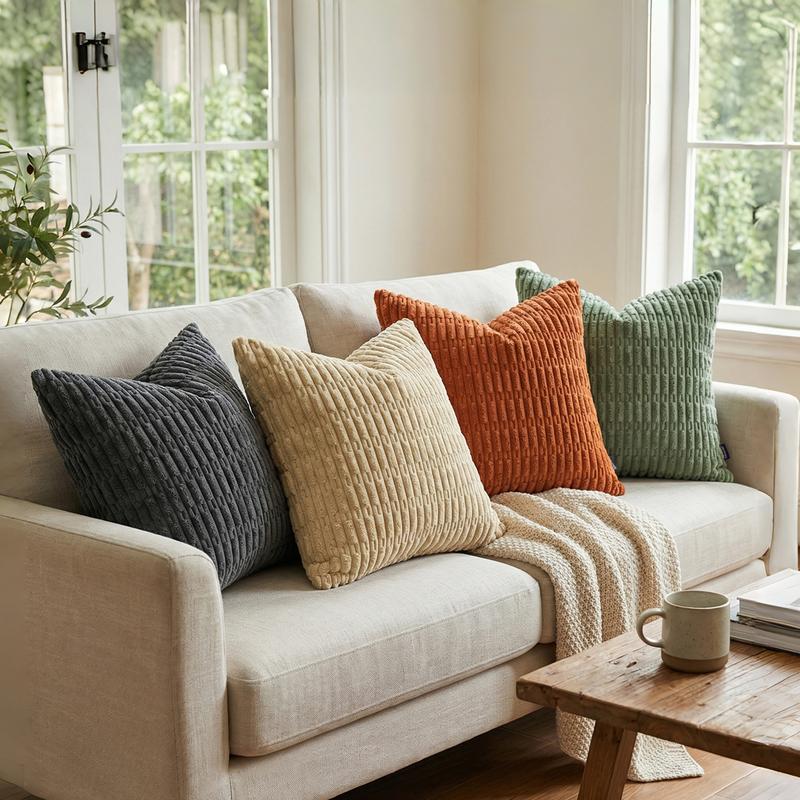 Ellalora Pack of 2 Corduroy Throw Pillow Covers 18x18 Corn Striped Decorative Cushion Cases Boho Ribbed Texture Velvet Pillow Shells for Sofa Couch Bed Living Room Modern Farmhouse