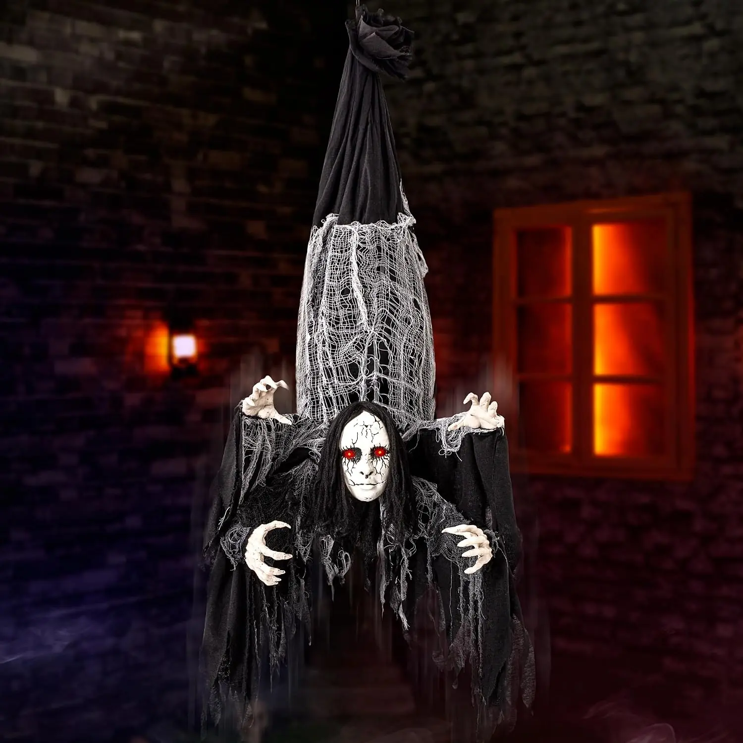 67'' Hanging 4-Handed Halloween Animatronics Ghost Set, Lighted Eyes, Creepy Sounds, Scary Movements, Haunted House Props for Indoor Yard & Tree, Window Decor
